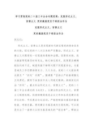 学习贯彻党的二十届三中全会专题党课：克服形式主义、官僚主义 更好激励党员干部担当作为