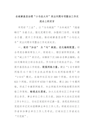 在破解基层治理“小马拉大车”突出问题专项整治工作交流会上的发言