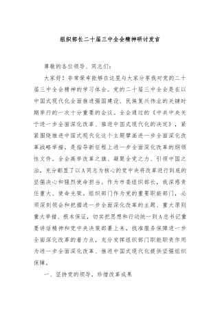 组织部长二十届三中全会精神研讨发言