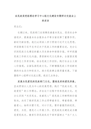 在民政局党组理论学习中心组文化建设专题研讨交流会上的发言