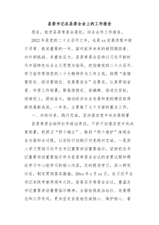 县委书记在县委全会上的工作报告