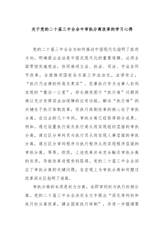 关于党的二十届三中全会中审执分离改革的学习心得