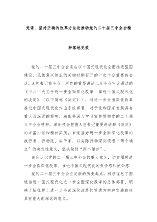 党课：坚持正确的改革方法论推动党的二十届三中全会精神落地见效