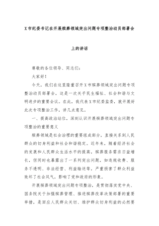 X市纪委书记在开展殡葬领域突出问题专项整治动员部署会上的讲话