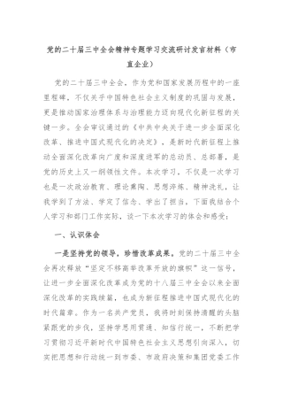 党的二十届三中全会精神专题学习交流研讨发言材料（市直企业）