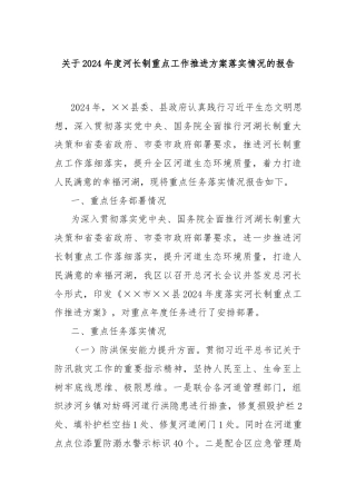 关于2024年度河长制重点工作推进方案落实情况的报告