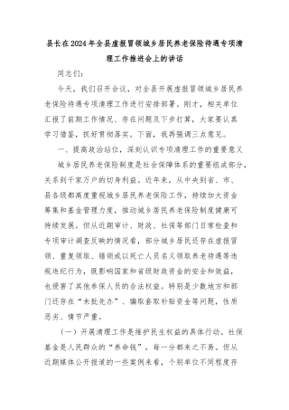 县长在2024年全县虚报冒领城乡居民养老保险待遇专项清理工作推进会上的讲话