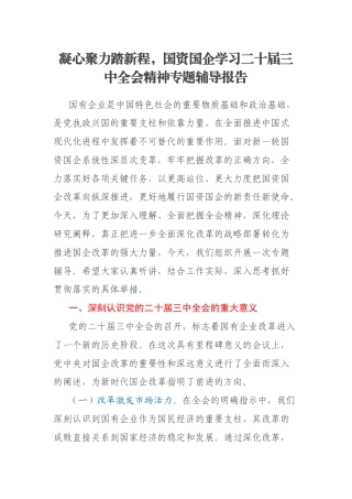 凝心聚力踏新程，国资国企学习二十届三中全会精神专题辅导报告