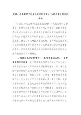党课：抓实基层党组织和党员队伍建设 为高质量发展夯实基础