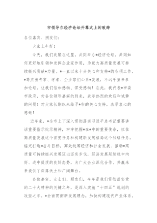 市领导在经济论坛开幕式上的致辞