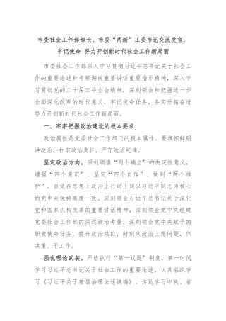 市委社会工作部部长、市委“两新”工委书记交流发言：牢记使命 努力开创新时代社会工作新局面