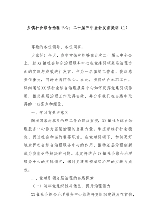 乡镇社会综合治理中心：二十届三中全会发言提纲（1）