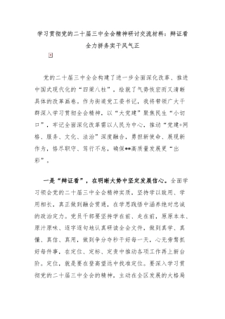 学习贯彻党的二十届三中全会精神研讨交流材料：辩证看全力拼务实干风气正