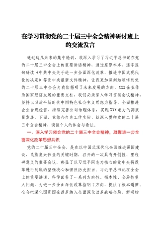 在学习贯彻党的二十届三中全会精神研讨班上的交流发言