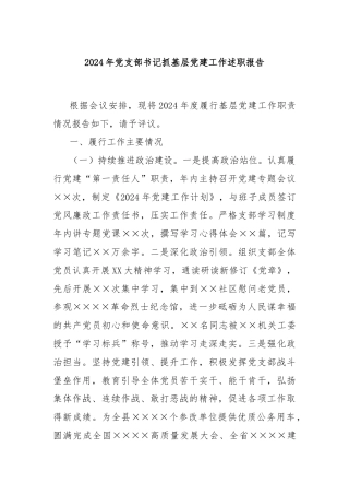 2024年党支部书记抓基层党建工作述职报告