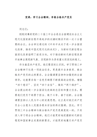 党课：学习全会精神，争做合格共产党员