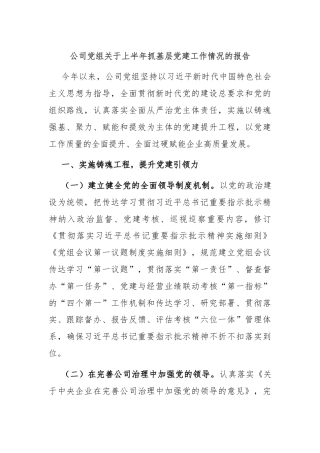 公司党组关于上半年抓基层党建工作情况的报告
