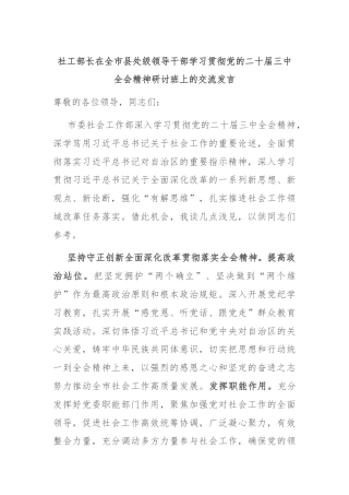 社工部长在全市县处级领导干部学习贯彻党的二十届三中全会精神研讨班上的交流发言
