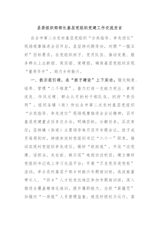 县委组织部部长基层党组织党建工作交流发言