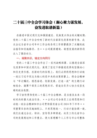 二十届三中全会学习体会（凝心聚力谋发展，奋发进取谱新篇）