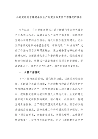 公司党组关于落实全面从严治党主体责任工作情况的报告