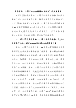 贯彻落实二十届三中全会精神和《决定》的实施意见