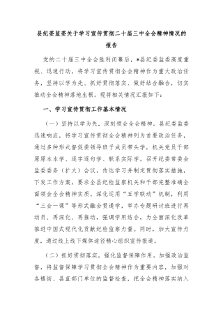 县纪委监委关于学习宣传贯彻二十届三中全会精神情况的报告