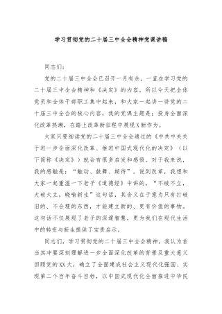 学习贯彻党的二十届三中全会精神党课讲稿
