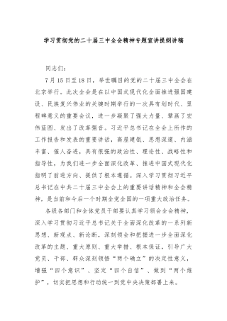 学习贯彻党的二十届三中全会精神专题宣讲提纲讲稿