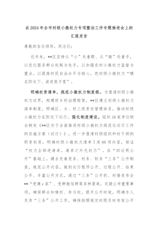 在2024年全市村级小微权力专项整治工作专题推进会上的汇报发言