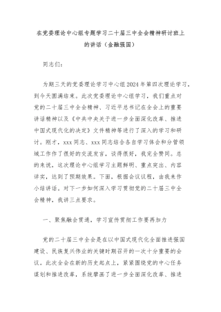 在党委理论中心组专题学习二十届三中全会精神研讨班上的讲话（金融强国）