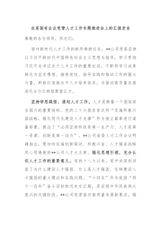 在某国有企业党管人才工作专题推进会上的汇报发言