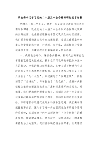 政法委书记学习党的二十届三中全会精神研讨发言材料