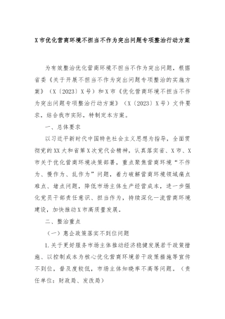 X市优化营商环境不担当不作为突出问题专项整治行动方案