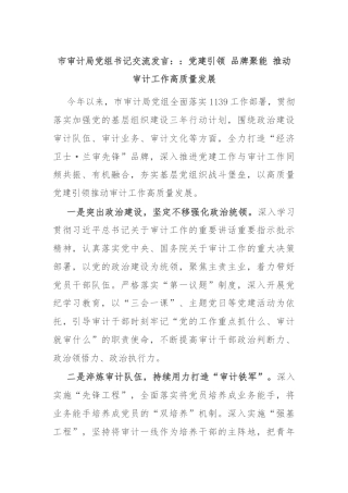 市审计局党组书记交流发言：：党建引领 品牌聚能 推动审计工作高质量发展