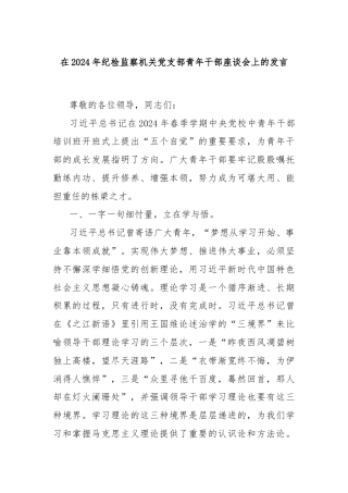在2024年纪检监察机关党支部青年干部座谈会上的发言