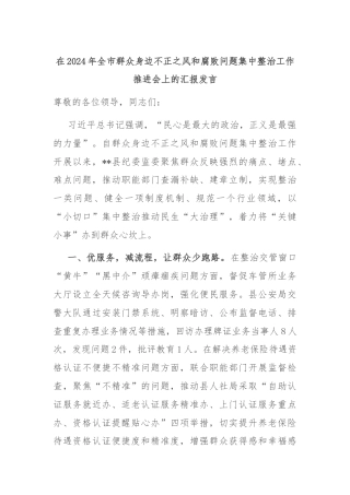 在2024年全市群众身边不正之风和腐败问题集中整治工作推进会上的汇报发言