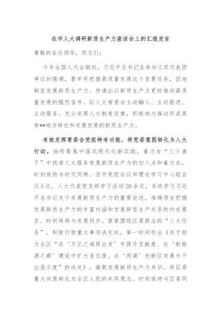 在市人大调研新质生产力座谈会上的汇报发言