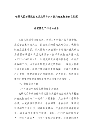镇级巩固拓展脱贫攻坚成果与乡村振兴有效衔接存在问题排查整改工作总结报告