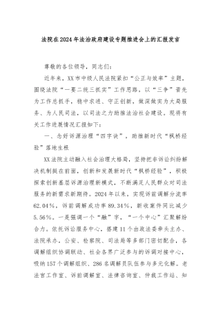 法院在2024年法治政府建设专题推进会上的汇报发言