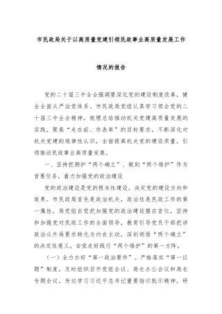 市民政局关于以高质量党建引领民政事业高质量发展工作情况的报告