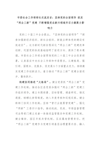 市委社会工作部部长交流发言：坚持党的全面领导 抓实“两企三新”党建 不断增强党在新兴领域号召力凝聚力影响力