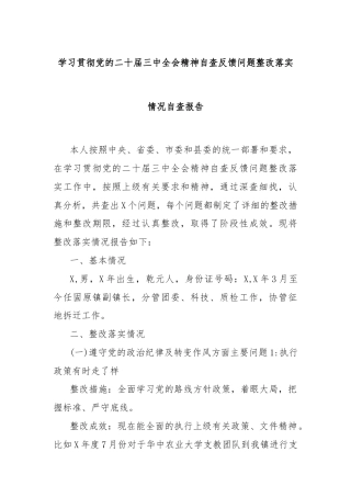学习贯彻党的二十届三中全会精神自查反馈问题整改落实情况 自查报告