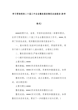 学习贯彻党的二十届三中全会整改落实情况自查报告(参考格式)