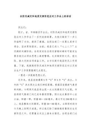 在防汛减灾和地质灾害防范应对工作会上的讲话