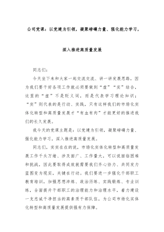 公司党课：以党建为引领，凝聚磅礴力量、强化能力学习，深入推进高质量发展