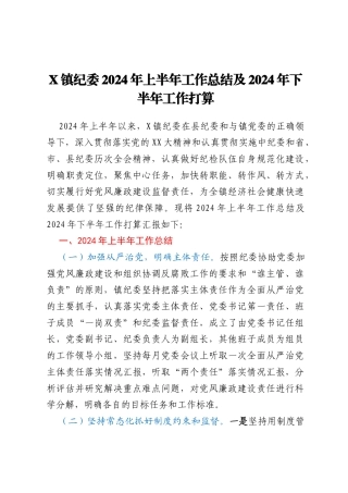 X镇纪委2024年上半年工作总结及2024年下半年工作打算