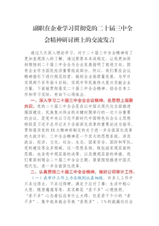 副职在企业学习贯彻党的二十届三中全会精神研讨班上的交流发言