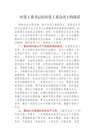 区党工委书记在区党工委会议上的讲话