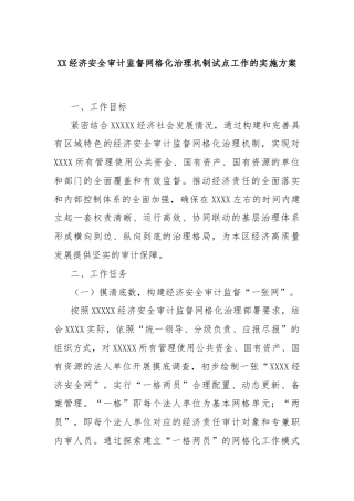 XX经济安全审计监督网格化治理机制试点工作的实施方案